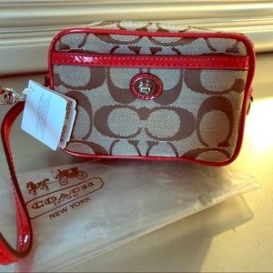 Coach Signature Canvas Wristlet in Khaki and Red Trim